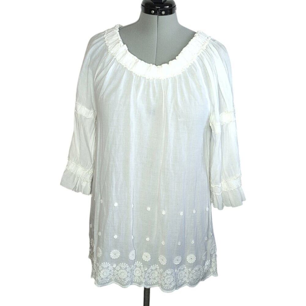True Grit Embroidered Off-The-Shoulder Cotton Tunic Top, Size L, Feminine, Flowy